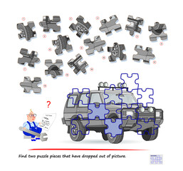 Logic game for children and adults. Find two puzzle pieces that have dropped out of picture. Printable page for kids brain teaser book. Developing spatial thinking. Play online. Vector illustration.