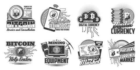 Aufkleber - Bitcoin cryptocurrency blockchain technology icons. Laptop computer, cellphone and graphics card, bitcoin coins, bank card and wallet engraved vector. Digital currency market, mining equipment emblem
