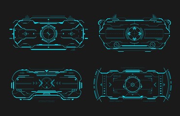 Fototapete - HUD aim control frame interface, futuristic target screen dashboard panel, vector. HUD target controls and aim radars or crosshair on digital screen, game UI and spaceship dashboard