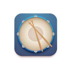 Aufkleber - Musical drum kit app vector 3d icon of snare drum with sticks. Isolated square button of mobile or web application interface, ui or gui with top view of percussion music instrument and drumsticks