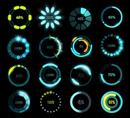 Poster - HUD futuristic loading bars, game or program UI interface. Vector circular progress bars with glowing loading scales and percentage indicators, future loading technology bars of head up display