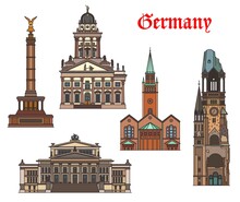 Germany Architecture, Berlin Landmarks And Buildings, Vector German Churches And Cathedrals. St Matthaus Kirche, Victory Column And French Cathedral, Konzerthaus And Kaiser Wilhelm Memorial Church
