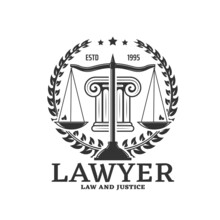 Lawyer Icon With Justice Scales And Legislation Laurel Wreath Vector Sign. Legal Counselor And Juridical Service Office Emblem For Notary Or Legal Lawyer, Judicial Attorney Or Barrister Advocate