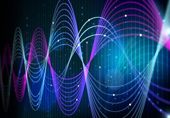 Leinwandbilder - Big data analytics technology, digital data waves on monitor screen vector background. Artificial intelligence science and digital network information abstract infographics curves