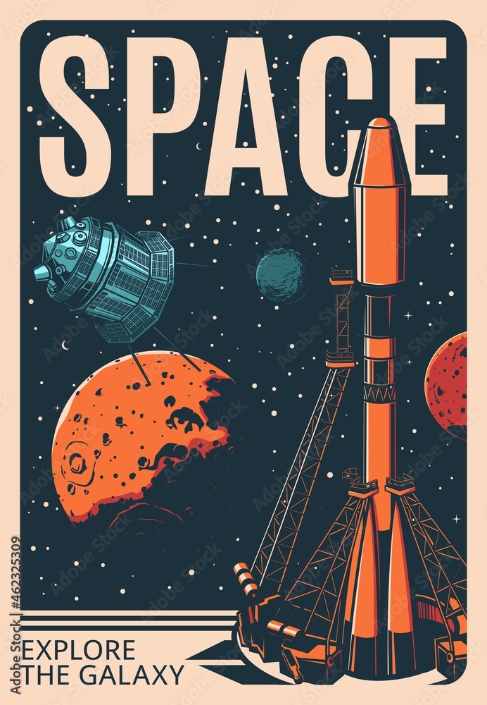 Spaceship at the launch pad. Retro poster with vector rocket carrier ...