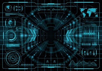 Poster - HUD teleportation portal interface, futuristic innovation teleport technology vector interface screen with visual data graph, diagram and world map, space or army future technology, game UI dashboard