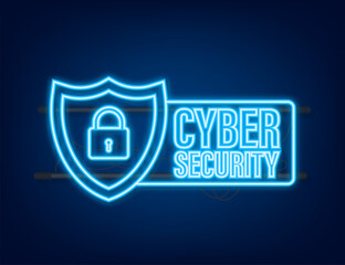 Sticker - Cyber security vector logo with shield and check mark. Security shield concept. Internet security. Neon icon. Vector illustration