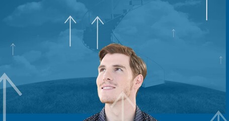 Poster - Animation of arrow icons over caucasian man on blue background