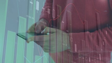 Poster - Animation of financial data processing over caucasian man using smartphone