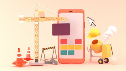 Under construction concept design for smart phone with crane,cement mixer and construction material on pink background.-3d rendering...
