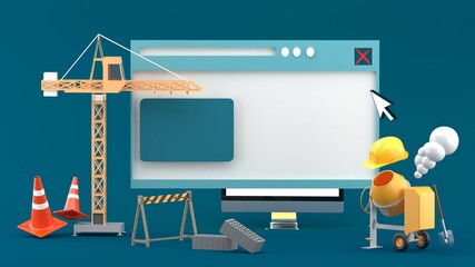 under construction concept design for website with crane,cement mixer and construction material on b