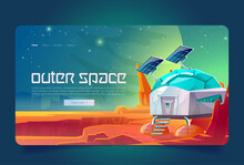 Outer Space Cartoon Landing Page, Scientific Station On Alien Planet Surface. Cosmos Colonization, Bunker, Science Laboratory Building At Fantasy Landscape Background, Computer Game, Vector Web Banner