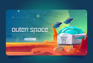 Poster - outer space cartoon landing page, scientific station on alien planet surface. cosmos colonization, b