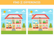 A game for children. Find 5 differences in the picture. House with rooms. A game for the development of logic and mindfulness. Vector illustration.