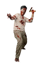 Canvas Print - Scary zombie with blood and wound on his body holding ax standing