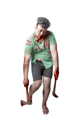 Poster - Scary zombie with blood and wound on his body holding ax and sickle standing