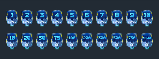 Poster - futuristic badges with level number and experience points for game ui design. vector cartoon icons o