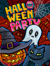 Halloween Illustration. Halloween Party Lettering With Black Cat, Ghost And Pumpkin With Carved Scary Face