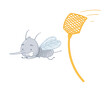 Cute mosquito flying away from fly swatter. Adorable parasitic insect funny character cartoon vector illustration