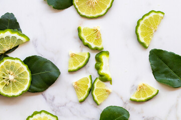 herbal vegetable kaffir lime slice local of asia arrangement flat lay postcard style on background white