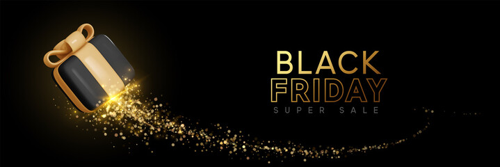 Black Friday Super Sale. Realistic 3d design black gifts boxes. Horizontal banner, template header for website. Vector illustration