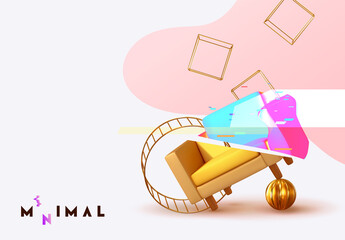 Poster - Abstract minimal design with realistic 3d objects. Interior composition of modern armchairs and geometric golden shapes. Creative poster, banner. Vector illustration