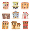 Facades of abandoned two storey houses with broken windows set. Old suburban cottages cartoon vector illustration