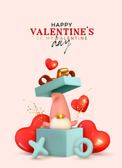 Poster - Happy Valentines day design. Realistic blue gifts boxes with red heart shaped helium balloons, gnome character, Xo x o symbol. Open gift box full of decorative festive object. Vector illustration