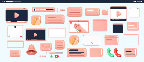 Poster - Design set for apps and websites. Scroll bar for the player. Multicolored icon templates frame video player. Realistic 3d objects for social media. Vector illustration