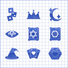 Set Ancient magic book, Playing cards, Magic stone, Witch hat, Pentagram, Moon and stars and Game dice icon. Vector