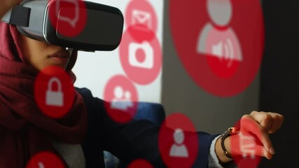 Aufkleber - animation of social media icons over mixed race woman wearing vr headset