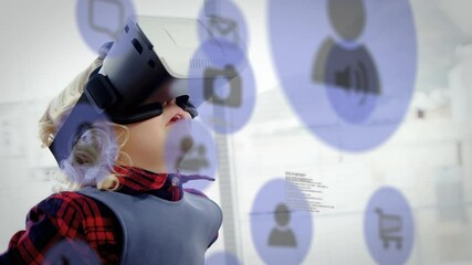 Poster - Animation of data processing and social media icons over caucasian boy wearing vr headset