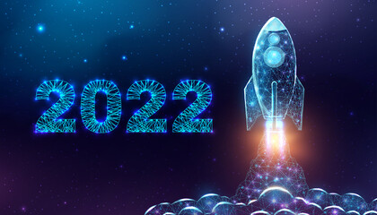 Rocket launch, wireframe polygonal style. 2022 start concept with glowing low poly rocket. Futuristic modern abstract background. Vector illustration.