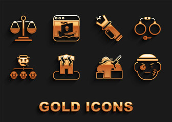 Sticker - Set Arson home, Handcuffs, Bandit, Murder, Mafia, Police electric shocker, Scales of justice and Internet piracy icon. Vector