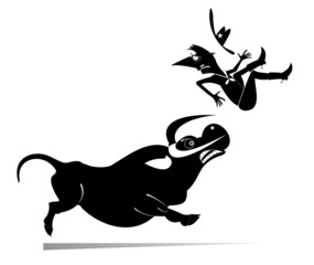 Wall Mural - Cartoon rider falls from the bull illustration.
Rodeo. Angry bull kicks a confused long mustache man or cowboy black on white 
