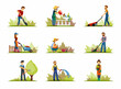 Garden care and cleaning set. Men and women irrigate plants and mow lawns transport fertilizer and cut trees in cart organic gardening and natural eco landscaping. Cartoon vector agriculture.