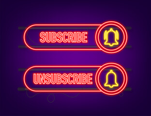 Poster - Subscribe Button Template with the notification bell. News subscribe button. Business concept subscribe. Neon icon. Vector illustration