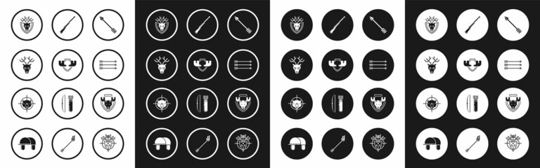 Poster - Set Hipster arrow, Moose horns on shield, Deer head with antlers, arrows, Hunting gun, and bear crosshairs icon. Vector