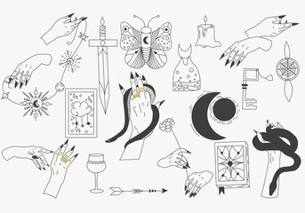 Hand drawn vector set of witches hands in different poses, planets, stars and magic objects. Witchcraft. Hands with snakes. Illustration for print design, stickers, flash tattoo.