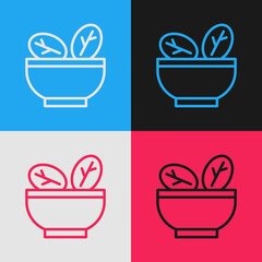 Sticker - Pop art line Salad in bowl icon isolated on color background. Fresh vegetable salad. Healthy eating. Vector