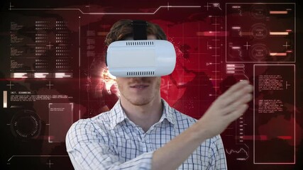 Poster - Animation of caucasian businessman wearing vr headset over data processing on red background