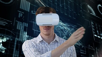 Poster - Animation of caucasian businessman with vr headset over data processing on black background