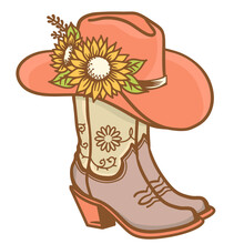 Cowboy Boots And Cowboy Hat With Sunflowers Decoration. Cowgirl Boots Vector Vintage Color Illustration Isolated For Print. Country Wedding Decor