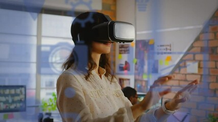 Poster - Animation of social media icons over mixed race woman wearing vr headset