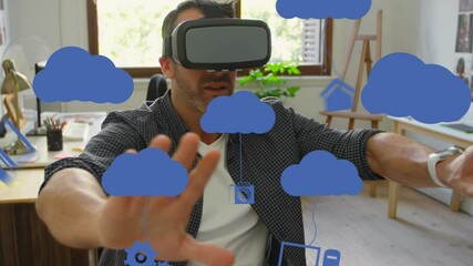 Poster - Animation of social media icons over caucasian man wearing vr headset