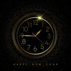 Happy New Year card with golden watch and sparkles on black background. Vector