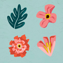 Sticker - Pink flowers and leaves element set on a green background vector