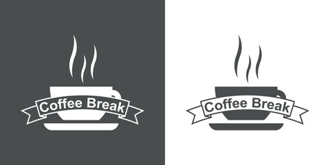 Poster - Banner con texto Coffee Break en cinta con taza de café con humo en fondo gris y fondo blanco