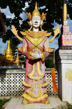 Deity Angel Statue Guardian Of Wat Muay Tor Temple Pagoda For Thai People And Foreign Traveler Travel Visit Respect Praying Buddha God In Khun Yuam District Of Mae Hong Son Province, Northern Thailand