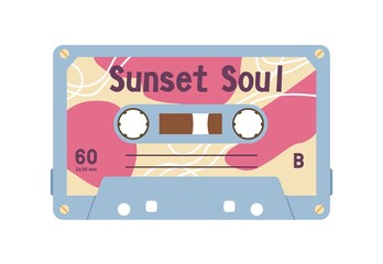Leinwandbilder - Audio stereo cassette with retro music records on magnetic tape. Old casette of 1980s. Analog obsolete mixtape. Colored flat vector illustration of audiocassette isolated on white background
